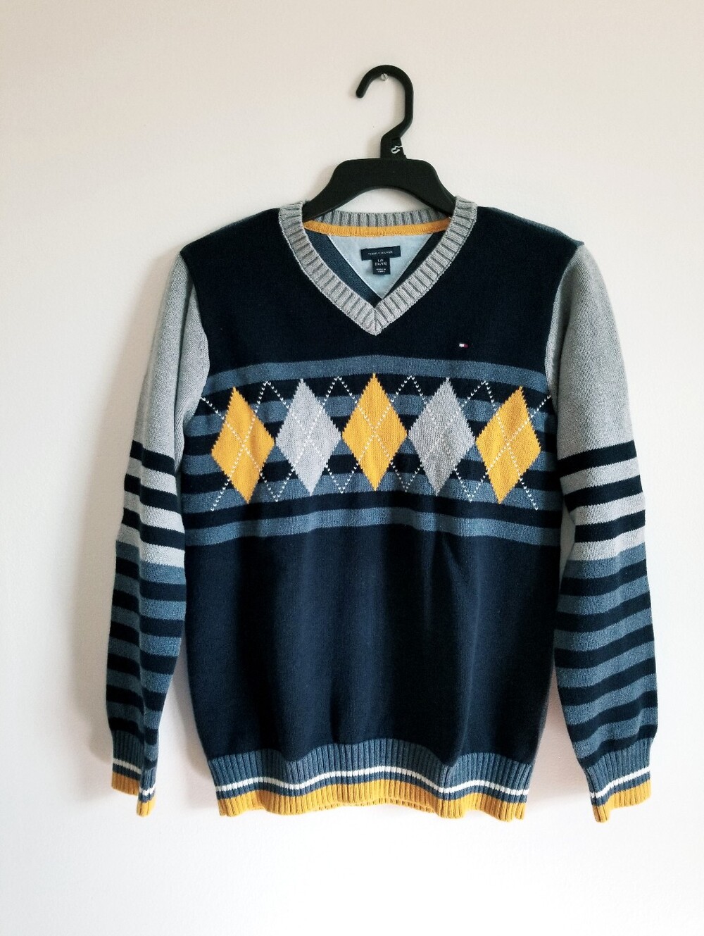 Tommy Hilfiger Youth Boy's V-Neck Argyle Sweater - Navy/Gray/Yellow